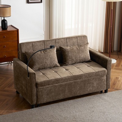NicBex 56.9 Inch Pull-out Sofa Bed Loveseat Sofa with 2 USB Ports,Side Pockets and Phone Holder for Living Room,Apartment,Office,Brown