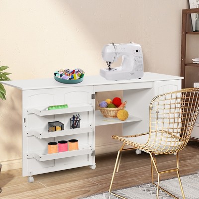 White Folding Sewing Table with Shelves and Wheels