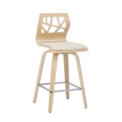 Natural Wood and Cream Faux Leather Mid-Century Modern Counter Stools