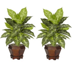 Nearly Natural Dieffenbachia with Wood Vase Artificial Plant (Set of 2), Variegated - 1 of 4