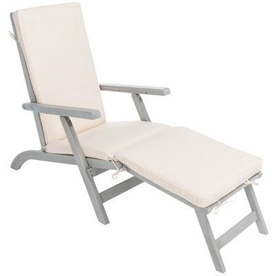Ocean Liner Inspired 48" Grey Acacia Wood Chaise Lounge with Beige Cushion