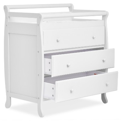 White Classic Sleigh 3-Drawer Changing Table with Safety Strap
