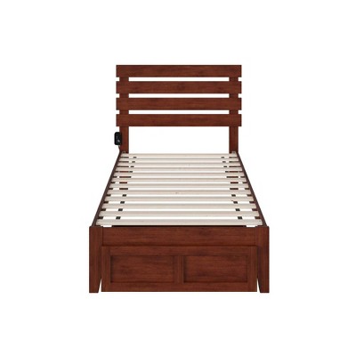 Walnut Twin Wood Platform Bed with Storage Drawer and USB Charger