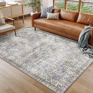 6x9 Blue Vintage Floral Washable Rug, Distressed Low Pile Indoor Carpet, Stain-Resistant Non-Slip Soft Floor Cover for Living Room, Bedroom, Dining - 1 of 4