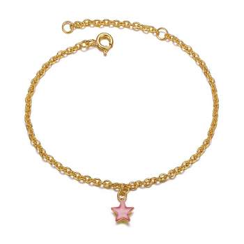 14k Gold Plated Pink Enamel Lucky Star Drop Charm Bracelet