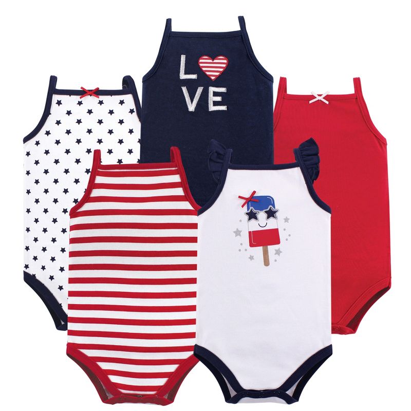 Hudson Baby Infant Girl Cotton Sleeveless Bodysuits 5pk, Shining Stars Stripes, 1 of 3