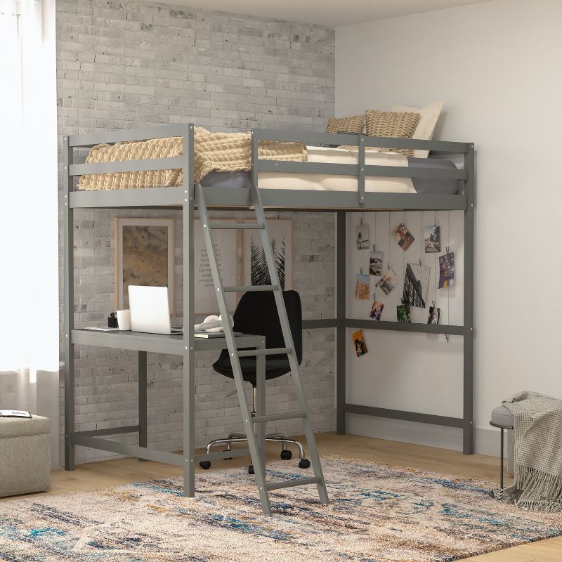 Flash Furniture Riley Loft Bed Frame with Desk, Wooden Bed Frame with Protective Guard Rails & Ladder for Kids and Teens, 3 of 13