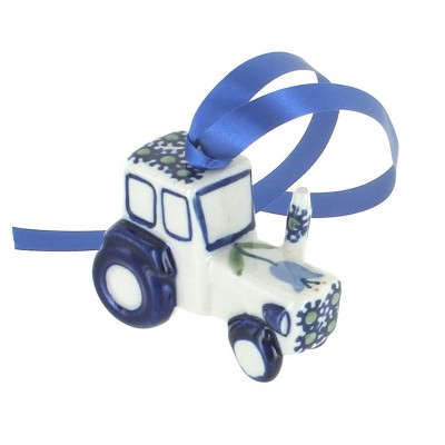 Blue Rose Polish Pottery Tulip Tractor Ornament