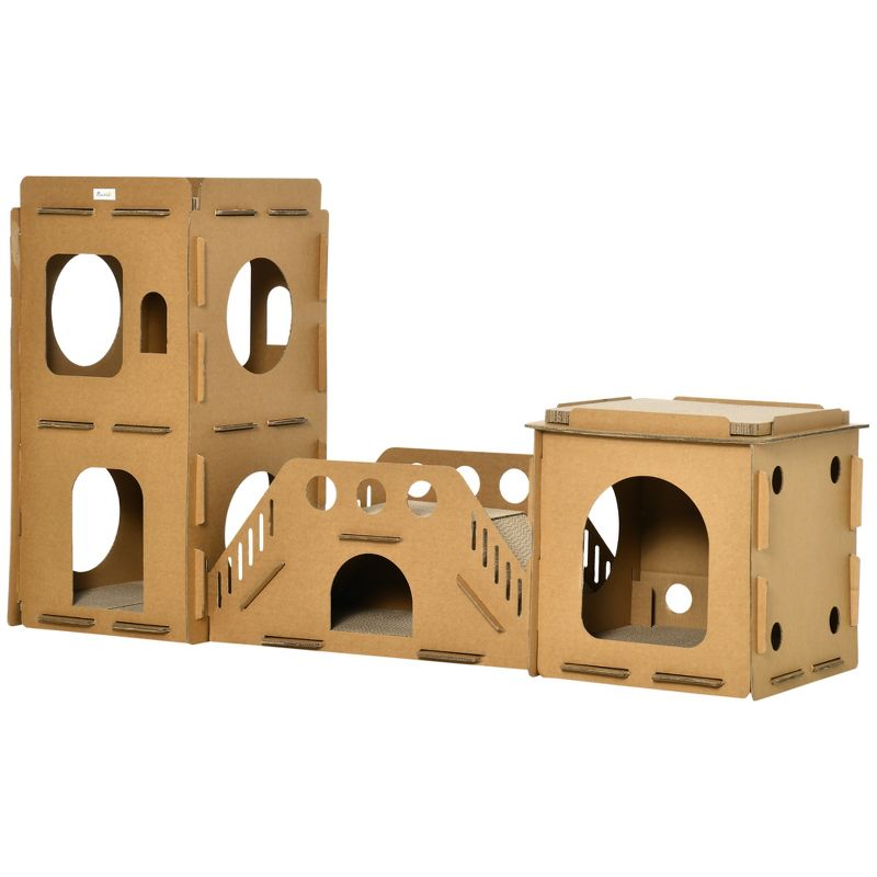 PawHut Cardboard Cat House DIY Cat Tree with Condos, Scratching Pad Board Hideaway Toy Pet Furniture, Brown, 4 of 7