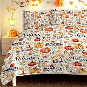 Hachikiko All-Season Pumpkin Quilt Set Soft Lightweight Coverlet with Pillow Shams, Modern Autumn Leaves Design - 1 of 4