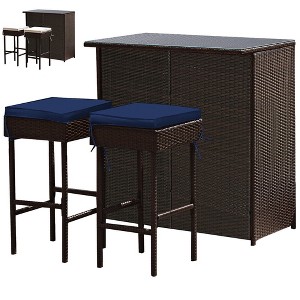 Tangkula 3PCS Rattan Patio Bar Table & Stool Set Dining Set w/ Navy & Off white Cushion - 1 of 4
