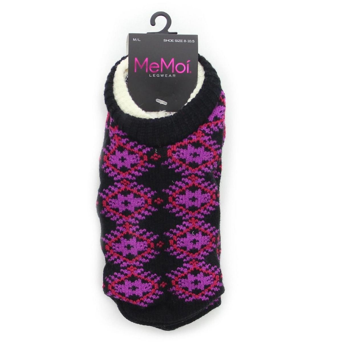 Memoi Diamond Arrow Fuzzy Lined Bootie Slipper Socks Black M-L