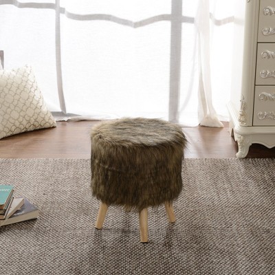 Brown Faux Fur Round Foot Stool with Wooden Legs