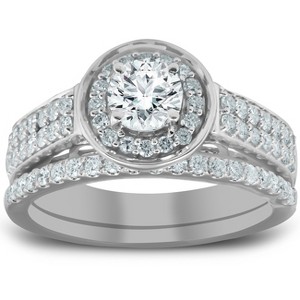 Pompeii3 1 1/4 Ct Diamond Halo Double Band Engagement Ring & Wedding Band Set White Gold - 1 of 4