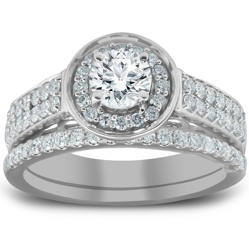 Pompeii3 1 1/4 Ct Diamond Halo Double Band Engagement Ring & Wedding Band Set White Gold, 1 of 5