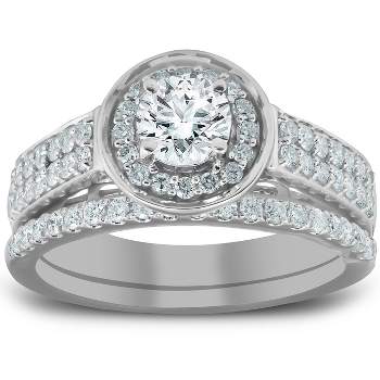 Pompeii3 1 1/4 Ct Diamond Halo Double Band Engagement Ring & Wedding Band Set White Gold