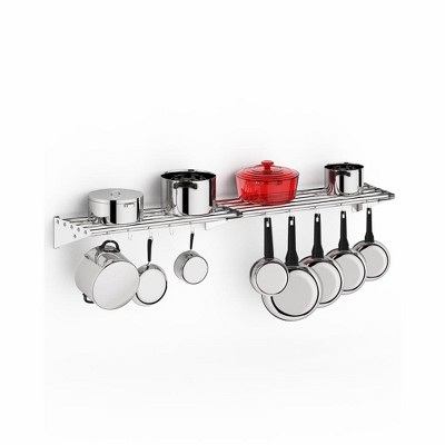 Metal Kitchen Rack , 12" x 60" Stainless Steel Wall Mount Shelf with 10 S Hooks for Hanging Pots, Pans, Cookware in Home and Restaurant