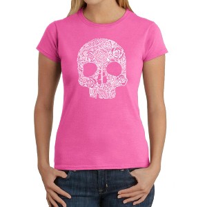 LA Pop Art Women's Word Art T-Shirt - Flower Skull - 1 of 4