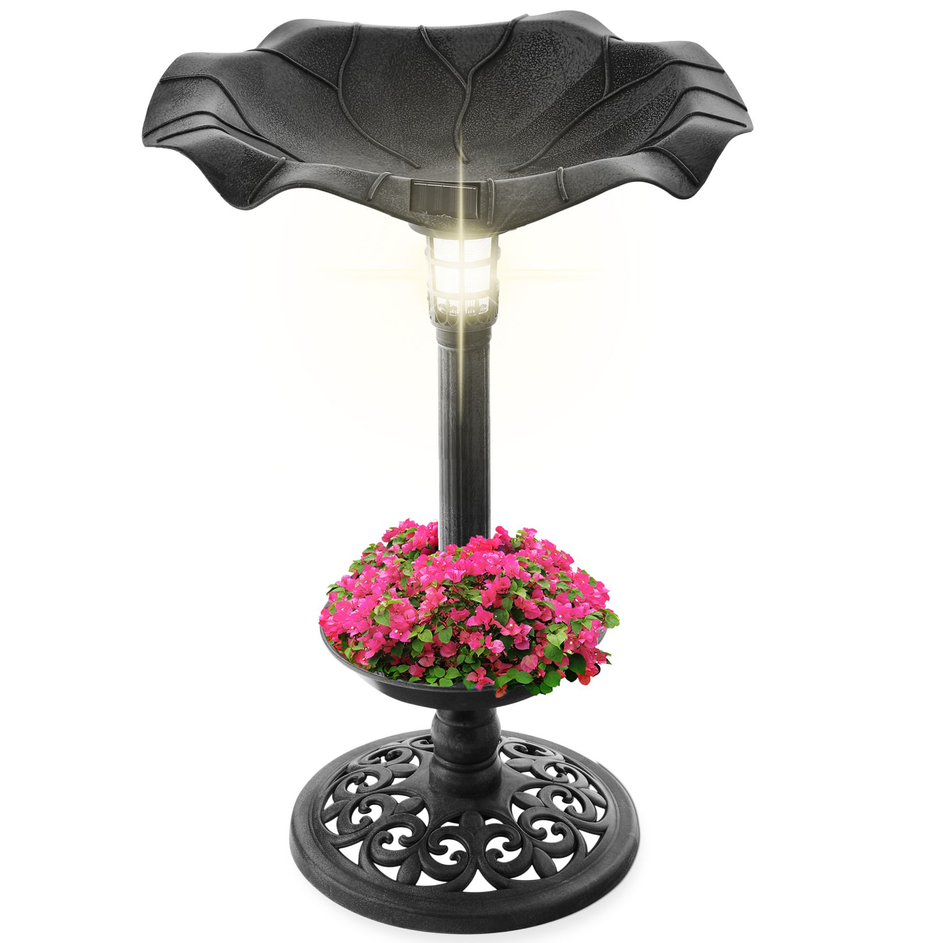 Best Choice Products Solar Lighted Pedestal Bird Bath w/ Planter, Integrated Panel - Black
