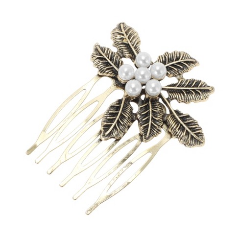 Unique Bargains Women's Pearls Leaves Side Comb Vintage Gold Tone 1 Pc - image 1 of 4