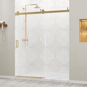 Zevemomo 56"-60"Wx76 H Frameless Shower Door, Sliding with 1/4" (6mm) Clear Tempered Glass,Silent Soft-Close Shatterproof,Reversible Installation,Gold - 1 of 4