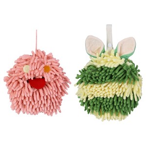 REGALWOVEN 2 Packs Fluffy Chenille Rabbit Shape Cute Soft Absorbent Hanging Ball Hand Towels 7" x 7" - 1 of 4