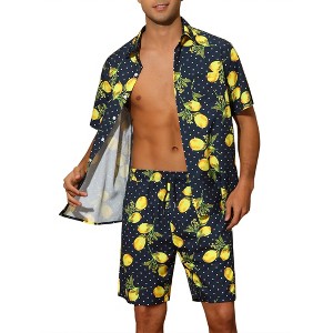 Lars Amadeus Men's Color Block Hawaiian Summer Printed Shorts and Shirt Set 2 Pieces - 1 of 4
