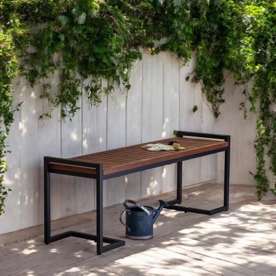 Alilang 54.00 inches Modern Outdoor Wooden Bench with Slatted Seat and Metal Frame-Teak