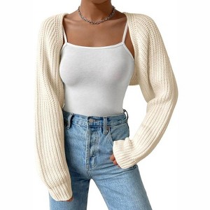 Coolmee Women's Open Front Ribbed Knit Crop Bolero Drop Shoulder Long Sleeve Loose Fit Knitted Crop Cardigan Shrug Apricot M - 1 of 4