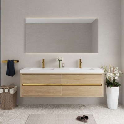 Whisen Pre-Assembled Floating Wall-Mounted Bathroom Vanity with Stone Resin Sink, U-Shaped Storage Drawers