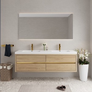 Whisen Pre-Assembled Floating Wall-Mounted Bathroom Vanity with Stone Resin Sink, U-Shaped Storage Drawers - 1 of 4