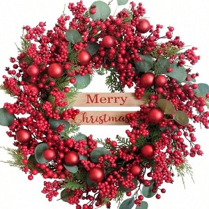 24 inch artificial wreath with berry and eucalyptus leaves red front door decor indoor outdoor pine branch ball ornaments - 1 of 4