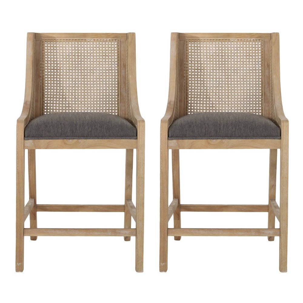 Photos - Chair Christopher Knight Home 25.5" Cataldo Wood and Cane Upholstered Counter Height Barstool Charcoal/Natural