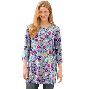 Woman Within Plus Size Perfect Printed Three-Quarter-Sleeve Scoopneck Tunic - 1 of 4