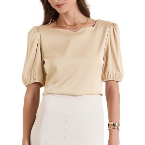 INSPIRE CHIC Women's Work Elegant Sweetheart Neck Half Puff Sleeve Office Work Satin Blouse - 1 of 4