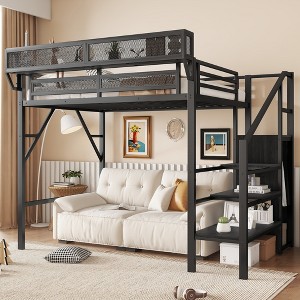 KWPZQEB Loft Bed with Storage Stairs, Heavy Duty Metal Loft Bed Frame with Built-in Storage Shelves & Wardrobe for Teens, Easy Assembly - 1 of 4