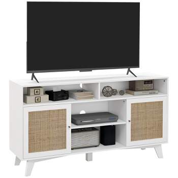 HOMCOM TV Stand Cabinet for TVs up to 65", Boho Entertainment Center with Rattan Doors, Adjustable Shelves and 4 Open Shelves for Living Room, White