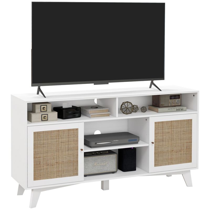 HOMCOM TV Stand Cabinet for TVs up to 65", Boho Entertainment Center with Rattan Doors, Adjustable Shelves and 4 Open Shelves for Living Room, White, 1 of 7