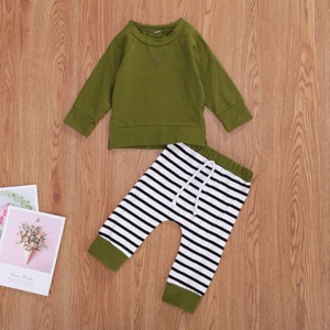 MyKids-USA Baby Boy 1pcs Solid Color Hoodie Combo Striped Pattern Trousers Sets - 1 of 4