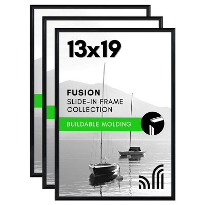 Americanflat 13x19 Picture Frame with Polished Front Cover - Set of 3 - Slide-In Photo Frame with Buildable Molding - Black