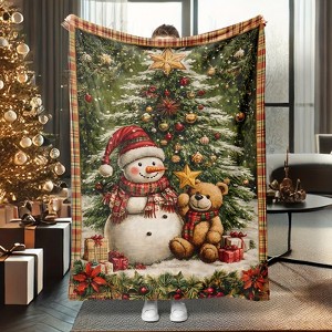 Lomsoe White with Green Christmas Snowman Print Flannel Blanket - All Seasons Soft and Warm Throw Blanket for Bed, Napping, Camping, Travel, Office - 1 of 4