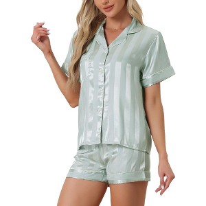cheibear Women's Satin Button Down Short Sleeve and Shorts Pajama Set - 1 of 4
