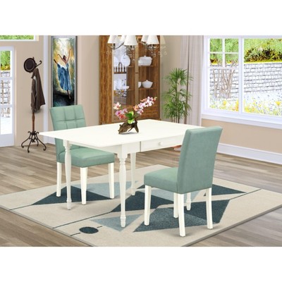 East West Furniture 3Pc Dining Table Set Includes a Dining Room Table & 2 Wooden Dining Chairs with Faux Leather Seat,  Ladder Back Chairs-White