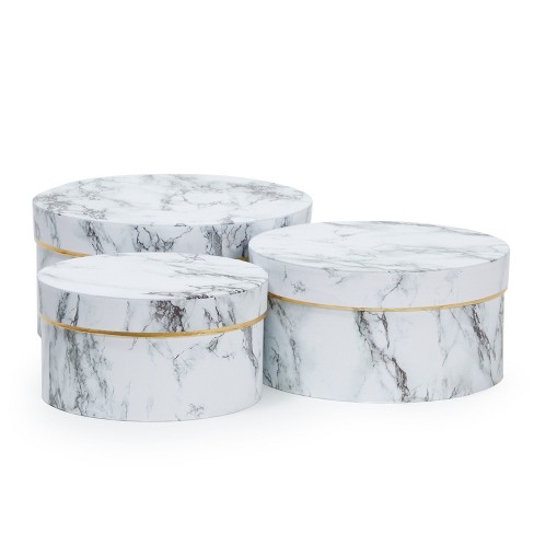 Juvale 3 Piece Small Round Gift Boxes With Lids, White Marble Cardboard