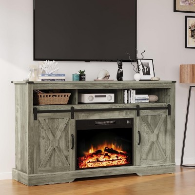 Heynemo Fireplace TV Stand for 65''+, Farmhouse Entertainment Center with 23" Electric Fireplace with Remote and Sliding Bar Door