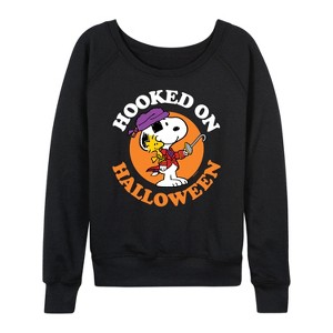 Women's - Peanuts - Hooked On Halloween Lightweight French Terry Wide Neck Long Sleeve Shirt - 1 of 4