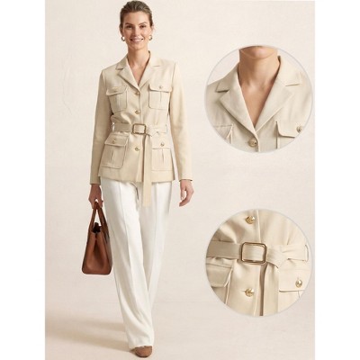 Женские куртки INSPIRE CHIC Women's Notched Lapel Single Breasted Belted Flattering Fit Long Sleeve Business Work Blazer Jackets S Apricot — фото 2
