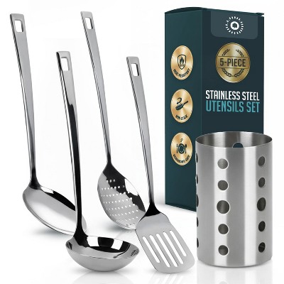 Luminuxe Stainless Steel Kitchen Utensil Set with Holder, 5-Piece Heat Resistant Kitchen Tools Set, Includes Ladle, Skimmer & Serving Spoon, Nonstick Cookware — фото 7