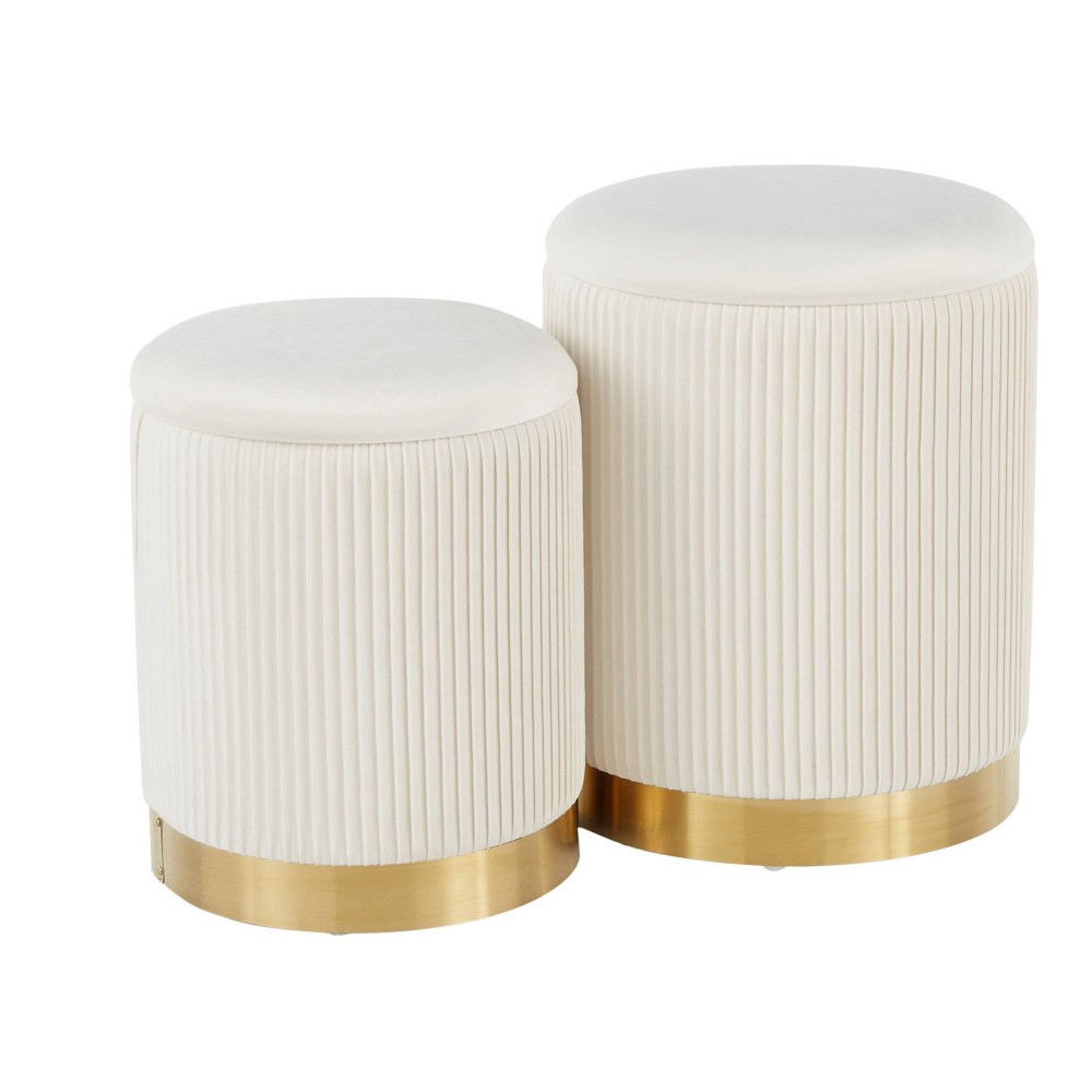 Photos - Pouffe / Bench Marla Contemporary Nesting Pleated Ottoman Set Gold/Cream Velvet - LumiSou