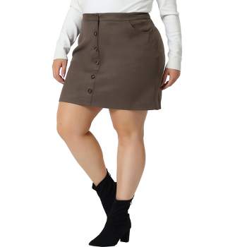 Agnes Orinda Women's Plus Size Faux Suede Button Up High Waist Mini Skirts with Pockets